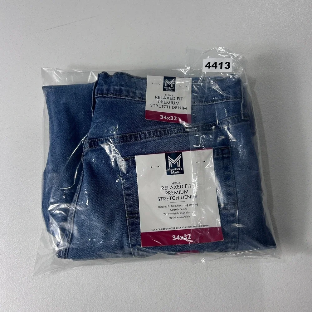 Members Mark Mens Relaxed Fit Premium Stretch Denim Blue‎ Jeans 34x32 NEW